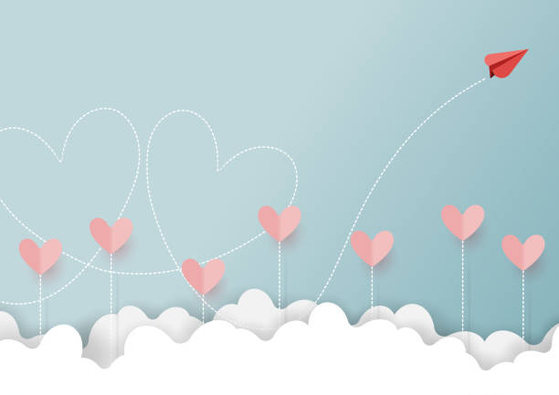 самолет красной бумаги, летящий на облаке - craft valentines day heart shape creativity stock illustrations