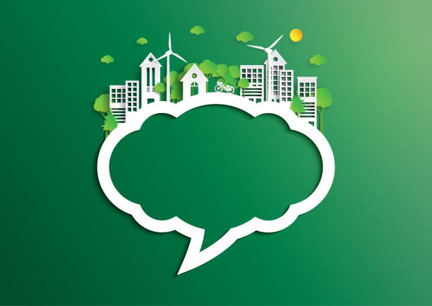 Speech bubble of green city of environment concept paper art style Nature landscape background of paper art style.Speech bubble of green eco friendly city and renewable energy of environment conservation concept.Vector illustration. green word bubble stock illustrations