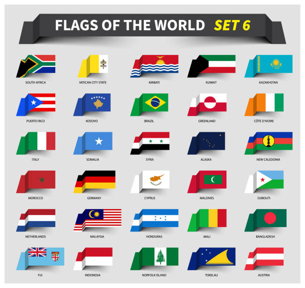 stockillustraties, clipart, cartoons en iconen met alle vlaggen van de wereld ingesteld op 6. zwaaien lint stijl - morocco brazil