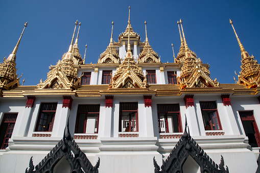 The Loha Prasat or Metal Castle ( Pagoda ) in Wat Ratchanatdaram Woravihan, Landmark Buddhism temple in Bangkok capital city, Middle of Thailand.