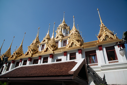 The Loha Prasat or Metal Castle ( Pagoda ) in Wat Ratchanatdaram Woravihan, Landmark Buddhism temple in Bangkok capital city, Middle of Thailand.