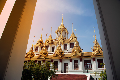 The Loha Prasat or Metal Castle ( Pagoda ) in Wat Ratchanatdaram Woravihan, Landmark Buddhism temple in Bangkok capital city, Middle of Thailand.