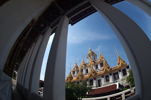 The Loha Prasat or Metal Castle ( Pagoda ) in Wat Ratchanatdaram Woravihan, Landmark Buddhism temple in Bangkok capital city, Middle of Thailand.