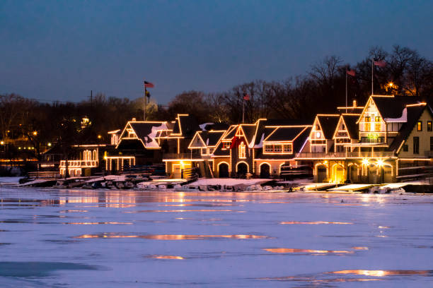 Philadelphia Boathouse Row Philadelphia Boathouse Row Illuminated at Night in Winter philadelphia winter stock pictures, royalty-free photos & images