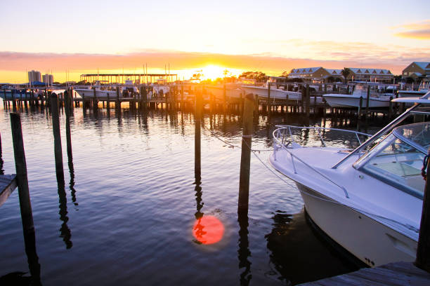 Orange Beach, AL, USA - 12/30/2017 : Taken this picture in marina area in orange beach in Alabama. Tried to capture the ambiance of the marina at sunset with moon clearly visible in the sky. Tried to capture the blue sky and the boats are secured in the marina against the sunset.