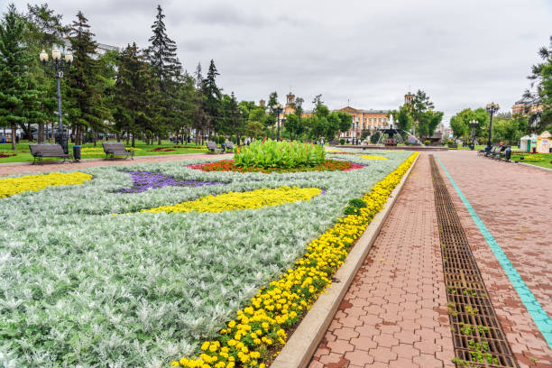 Irkutsk, Russia- Aug 14, 2017: View of Kirov Square This beautiful walking area has been around for over 300 years. At different times it was called Kremlevskaya, Spasskaya, Bogorodskaya, Tikhvinskaya