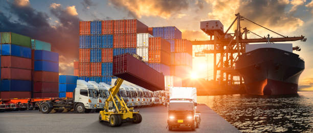 istock Logistics and transportation of Container Cargo ship and Cargo plane with working crane bridge in shipyard at sunrise, logistic import export and transport industry background 903169186