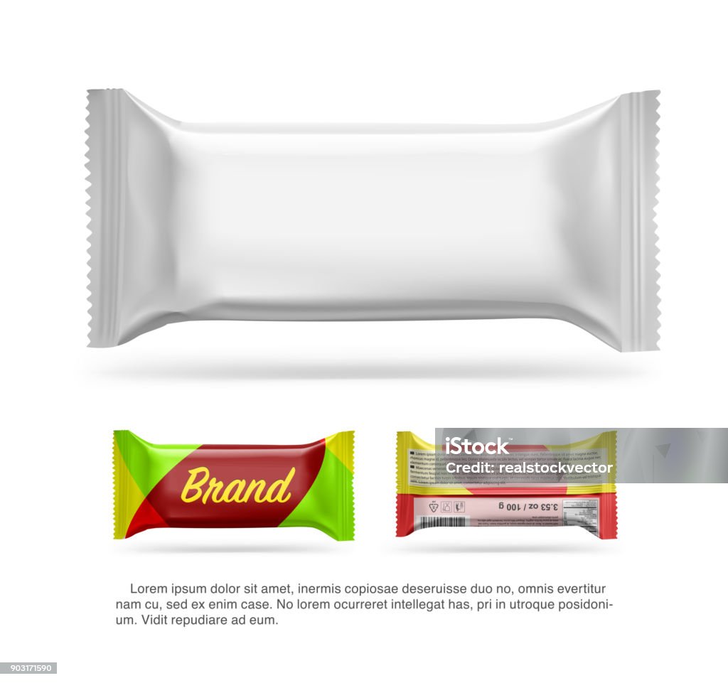Realistic blank mockup of flow pack. Vector illustration isolated on white background, ready and simple to use for your design. Quickly allow you to present your idea or the finished product. Chocolate Bar stock vector