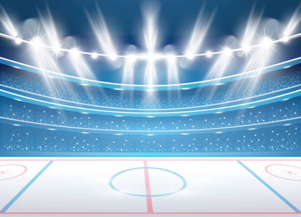 ilustraciones, imágenes clip art, dibujos animados e iconos de stock de estadio de hockey sobre hielo con focos. - ice hockey illustrations