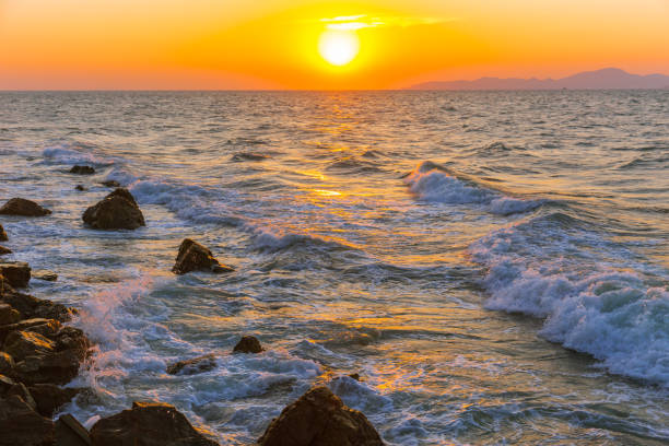 Sea beach sunset ocean wave nature background