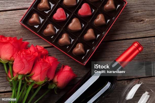 Valentines Day With Red Roses Wine And Chocolate Stock Photo - Download Image Now - Valentine's Day - Holiday, Chocolate, Wine