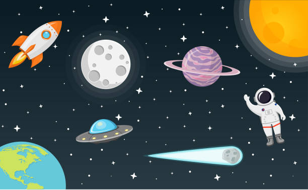 ilustrações de stock, clip art, desenhos animados e ícones de space flat design - rocket earth planetary moon sky