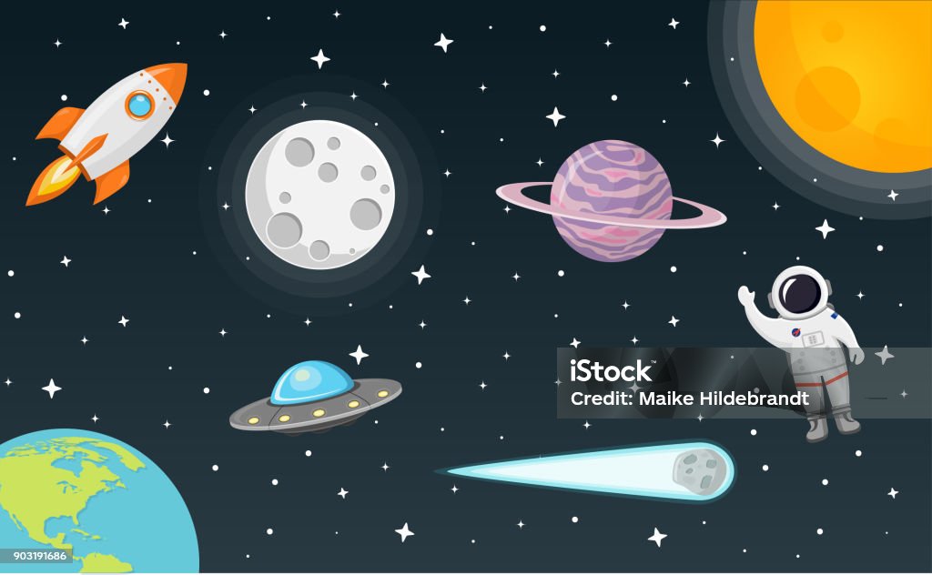 space Flat Design space with moon, sun, rocket, planet earth, comet, ufo, planet and astronaut Outer Space stock vector