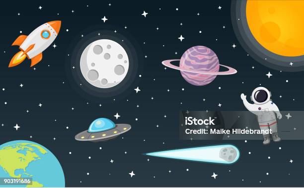 Space Flat Design Stock Illustration - Download Image Now - Outer Space, Moon Surface, Moon