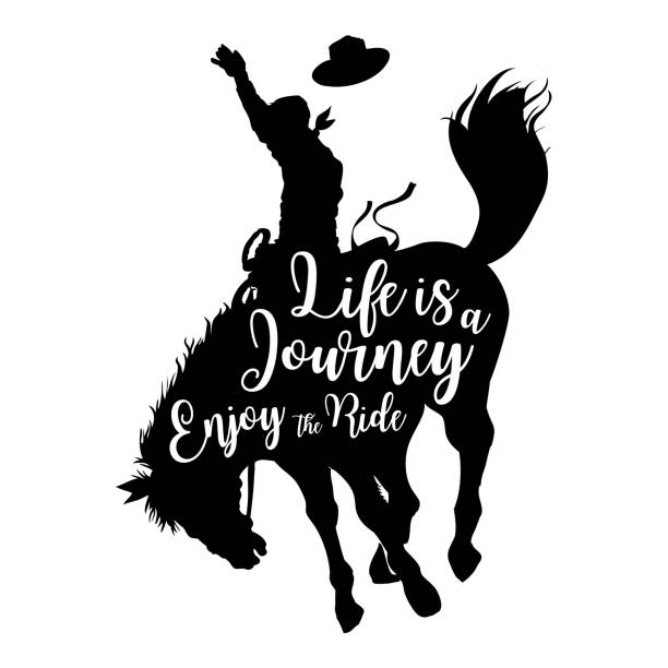 ilustraciones, imágenes clip art, dibujos animados e iconos de stock de silueta de un vaquero montado en un caballo salvaje con la vida de texto es un viaje de disfrute del paseo, vector - rodeo cowboy horse silhouette