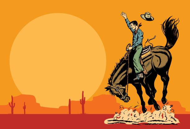 illustrations, cliparts, dessins animés et icônes de dessin d’un cow-boy sur un cheval sauvage au coucher du soleil, vecteur - rodeo