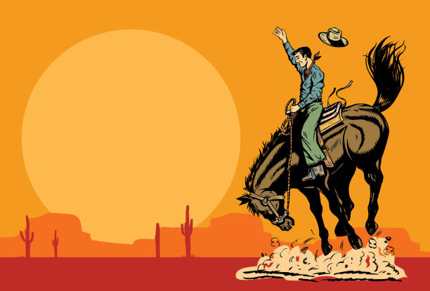 illustrazioni stock, clip art, cartoni animati e icone di tendenza di disegno di un cowboy che cavalca un cavallo selvaggio al tramonto, vettore - cowboy horse lasso rodeo
