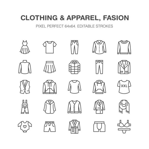 ilustraciones, imágenes clip art, dibujos animados e iconos de stock de ropa, los iconos de línea plana fasion. los hombres, ropa de mujer - vestido, abajo chaqueta, pantalones vaqueros, ropa interior, camiseta. signos lineales finas para tienda de ropa y accesorios. pixel perfecto 64 x 64 - disfraz de buzo