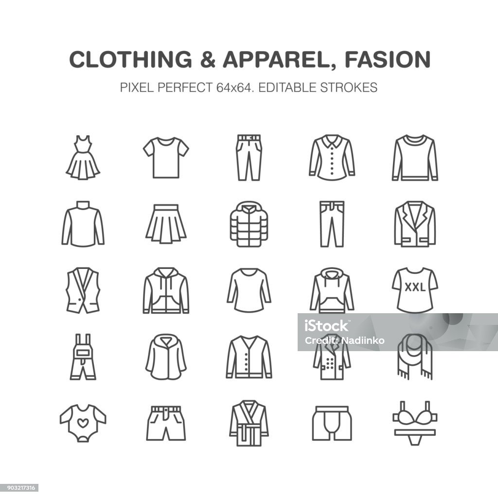 Clothing, fasion flat line icons. Men, women apparel - dress, down jacket, jeans, underwear, sweatshirt. Thin linear signs for clothes and accessories store. Pixel perfect 64x64 Clothing, fasion flat line icons. Mens, womens apparel - dress, down jacket, jeans, underwear, sweatshirt. Thin linear signs for clothes and accessories store. Pixel perfect 64x64. Icon Symbol stock vector
