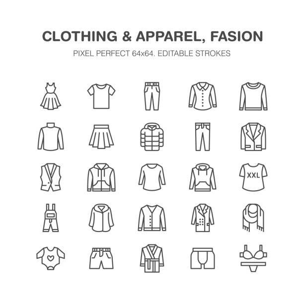 Clothing, fasion flat line icons. Men, women apparel - dress, down jacket, jeans, underwear, sweatshirt. Thin linear signs for clothes and accessories store. Pixel perfect 64x64 Clothing, fasion flat line icons. Mens, womens apparel - dress, down jacket, jeans, underwear, sweatshirt. Thin linear signs for clothes and accessories store. Pixel perfect 64x64. coat garment stock illustrations