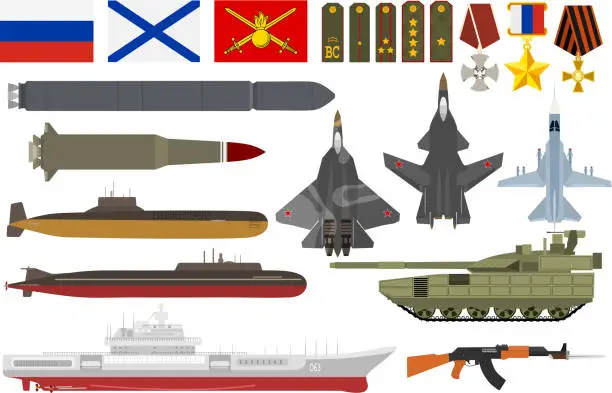 Vector illustration of Russian army military vector armored aviation airplanes with weapon armed submarine ship and set of shoulder straps or decoration awards flags illustration isolated on white background