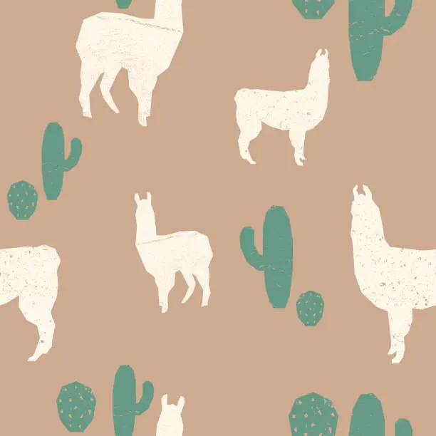 Vector illustration of Llama seamless pattern. Grunge texture silhouette of animal background. Minimalistic graphic design.