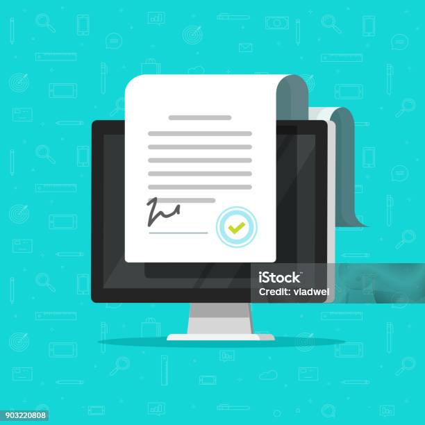 Online Electronic Documents On Computer Display Vector Illustration Flat Paper Document And Signature On Desktop Pc Screen Concept Of Digital Or Internet Office Online Deal Web Paperwork Stock Illustration - Download Image Now