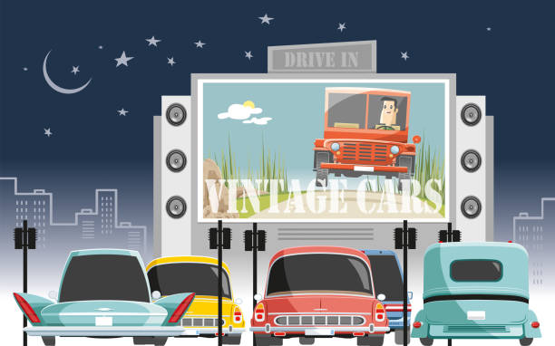 illustrazioni stock, clip art, cartoni animati e icone di tendenza di guida in un incontro vintage - drive in