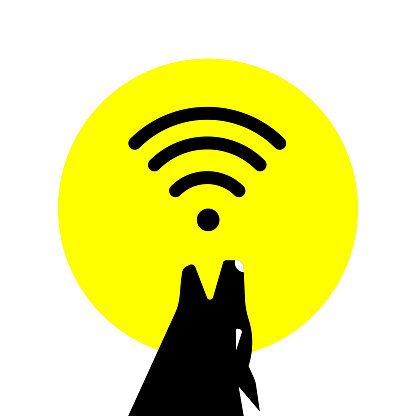 Silhouette of the dog howling and full moon with signal of wi-fi. Vector free internet wi-fi  signal. Wild wolf. Vector illustration.Free wi-fi with wlid wolf sign.signal of wi-fi concept