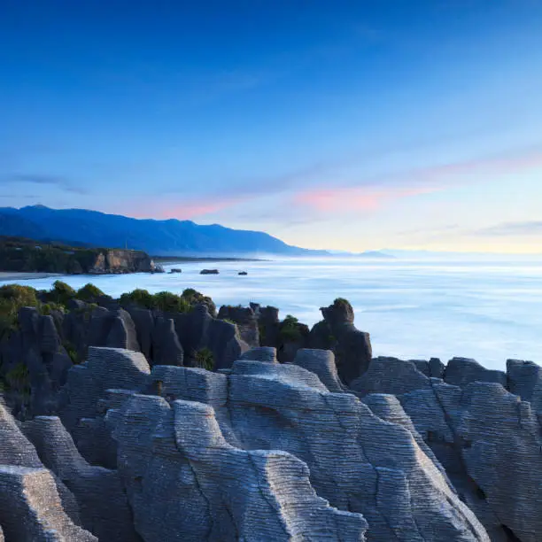 Eroded limestone formations known as Pancake Rocks, Dolomite Point, Punakaiki, on the west coast of New Zealand's South Island.