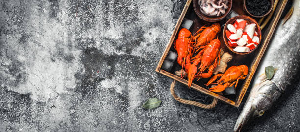 istock Different seafood on a wooden tray. 903233600
