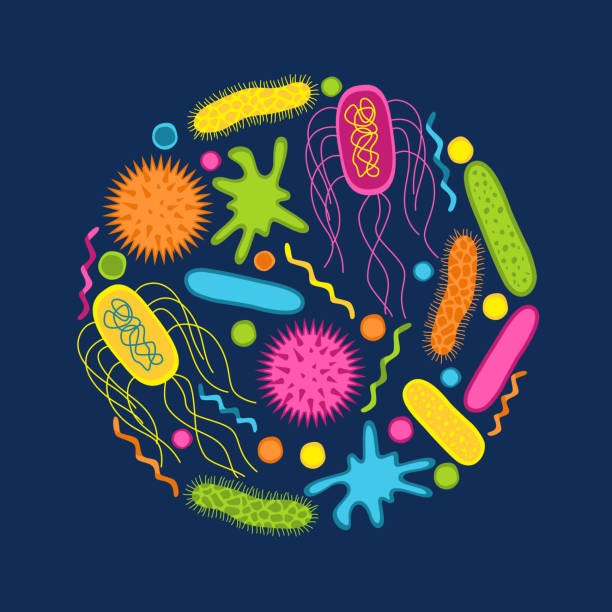 ilustrações, clipart, desenhos animados e ícones de ícones de bactérias e germes coloridos conjunto isolado sobre fundo azul. - mrsa infectious disease bacterium science