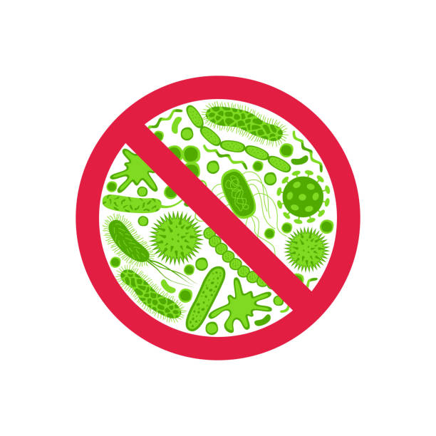 Stop bacteria and viruses  sign. Stop bacteria and viruses prohibition sign.  Green germ in flat style isolated on white background. Antibacterial and anti disease icon. Vector warning emblem. clostridium tetani stock illustrations