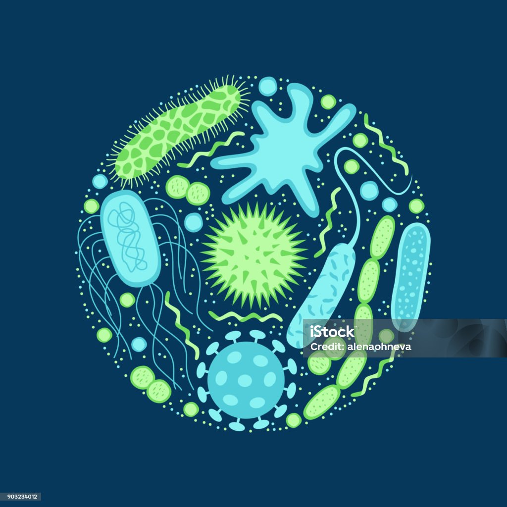 Viruses and bacteria icons set  isolated on blue  background. Viruses and bacteria icons set  isolated on blue  background.  Shape of bacterial cell: cocci, bacilli, spirilla.  Vector  illustration. Bacterium stock vector