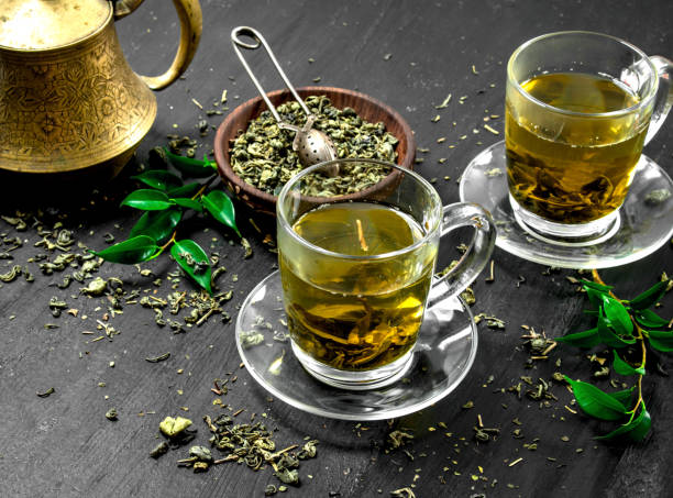 istock fragrant green tea in a glass cups. 903234278