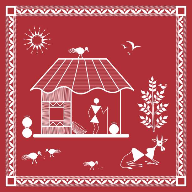 tribal warli malarstwo illustation domu wsi - traditional culture asia indigenous culture india stock illustrations