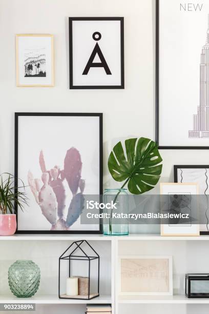 Green Leaf In Living Room Stock Photo - Download Image Now - Art, Wall - Building Feature, Vase