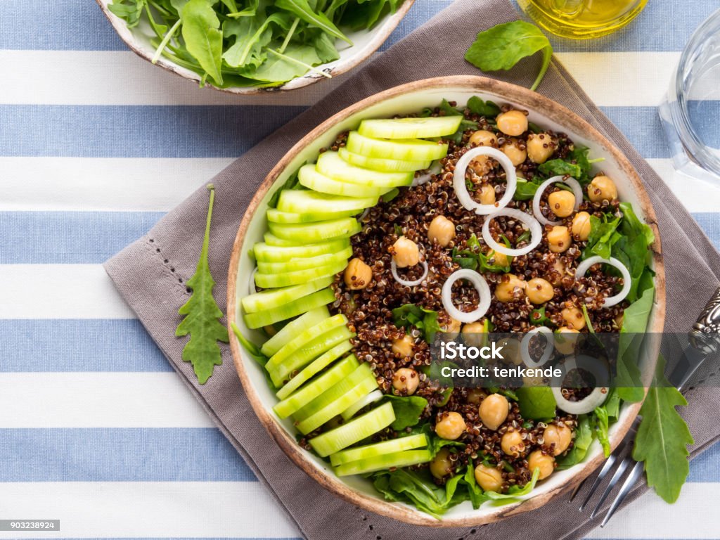 Quinoa salad bowl with cucumbers, chickpeas Quinoa salad bowl with cucumbers, chickpeas, onions, arugula. Light protein healthy dinner lunch Above Stock Photo