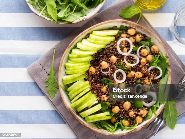 Quinoa Salad Bowl With Cucumbers Chickpeas Stock Photo - Download Image Now - Above, Arugula, Bowl