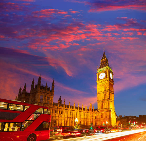 Big Ben Clock Tower with London Bus Big Ben Clock Tower with London Bus sunset in England paisaje urbano stock pictures, royalty-free photos & images