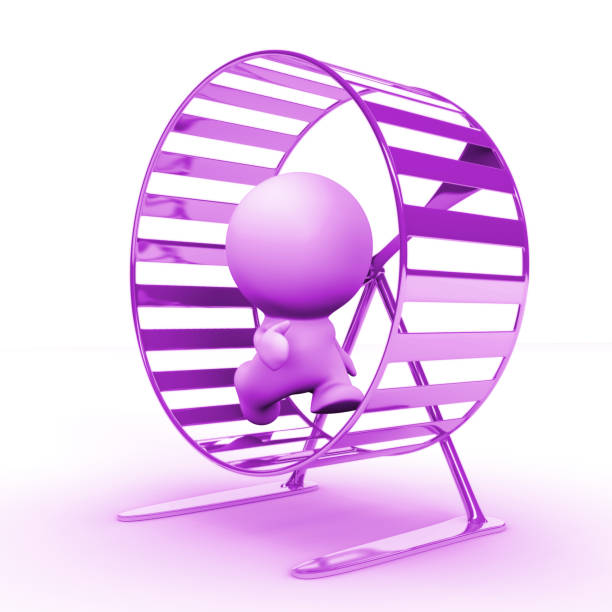 istock purple 3d human character running in a hamster wheel (3d illustration) 903242444