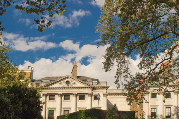 Generic London houses viewed through trees in Central London Park.