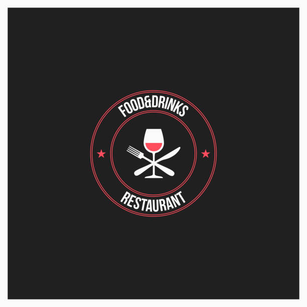 ilustrações de stock, clip art, desenhos animados e ícones de food and drinks symbol. wine glass with fork and knife on black background - silhouette wine retro revival wine bottle