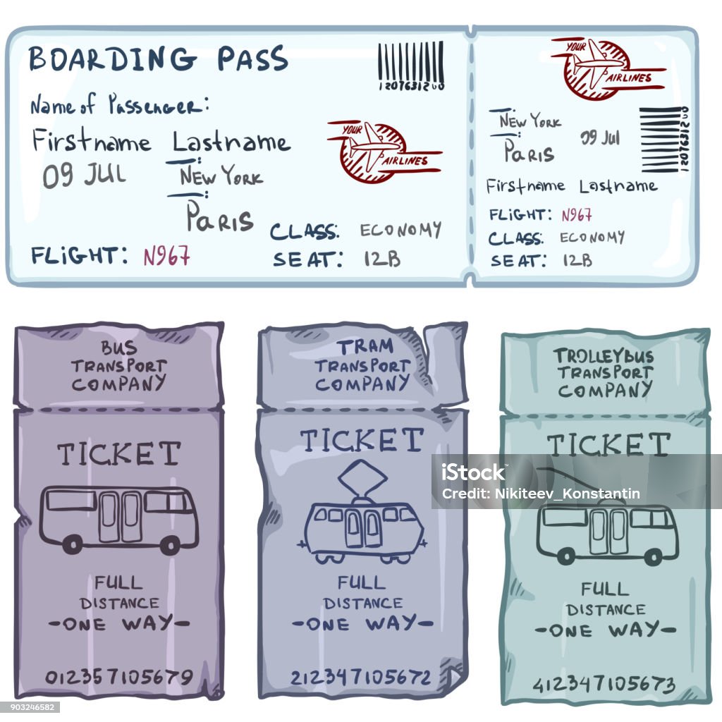 Vector Set of Cartoon Tickets for Plane, Bus, Tram and Trolley Bus Vector Set of Cartoon Color Tickets for Plane, Bus, Tram and Trolley Bus Train Ticket stock vector