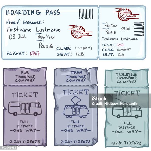 Vector Set Of Cartoon Tickets For Plane Bus Tram And Trolley Bus Stock Illustration - Download Image Now