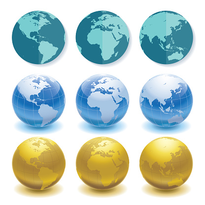 Globes in different angles in flat, blue crystal & golden styles. Each globe is grouped individually.