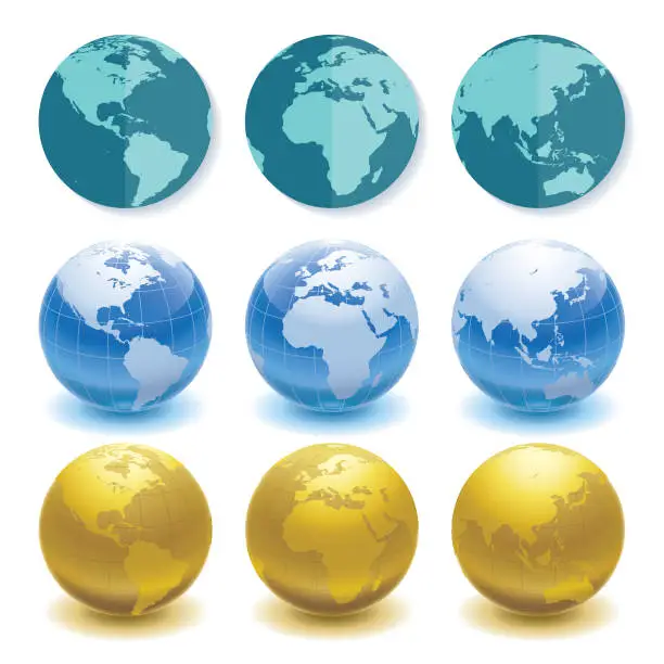 Vector illustration of 3 sets of globes in different styles and angles