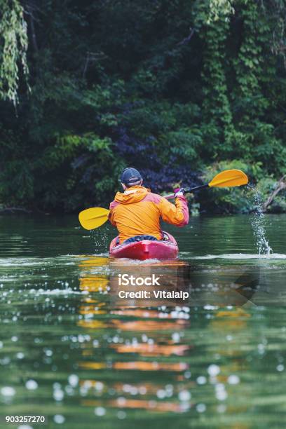 Kayak Water Sports Banner With Copy Space Senior Kayaker On The Scenic Lake Panoramic Photo Stock Photo - Download Image Now