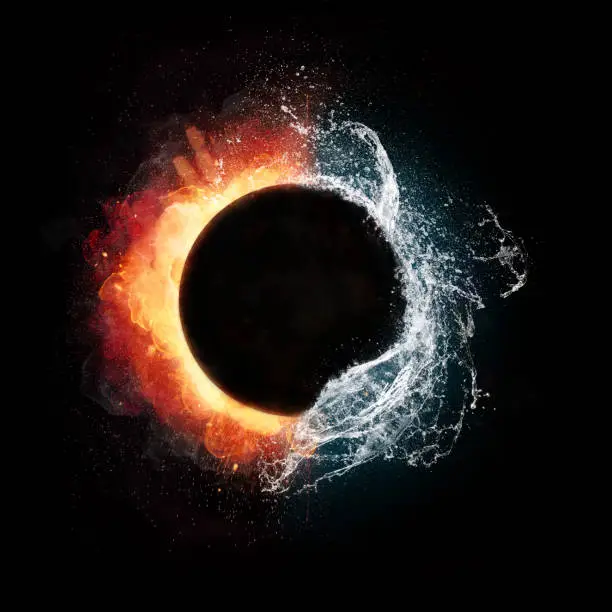 Fire and water elements in spherical shape, isolated on black background