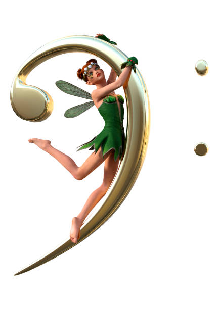 3D rendering of a green fairy with a music note isolated on white background